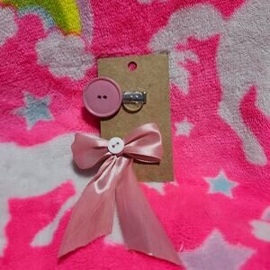 Pink Bow and Button Hair Clip Set